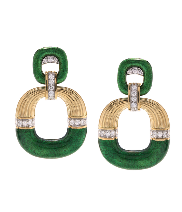 Radiator Hoop Earrings, Diamonds and Green Enamel