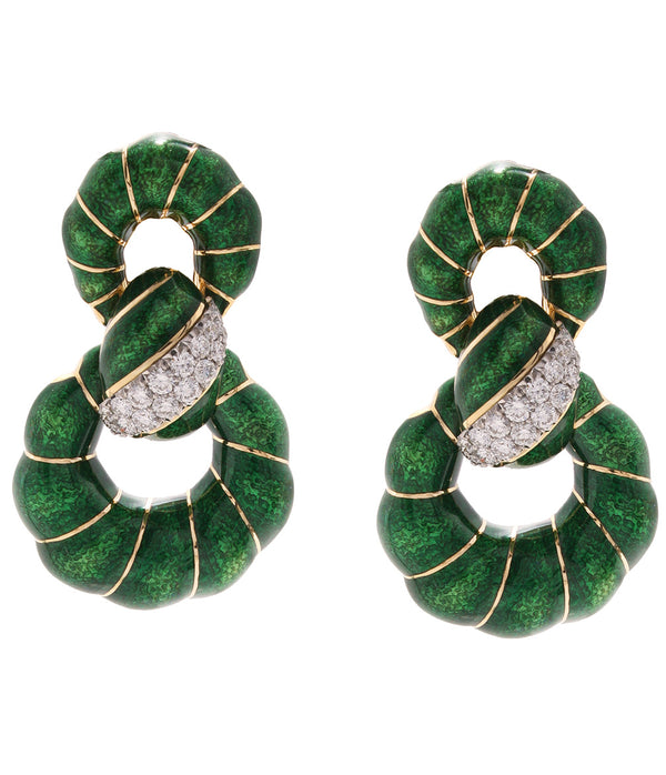 Fancy Hoop Earrings, Green Enamel