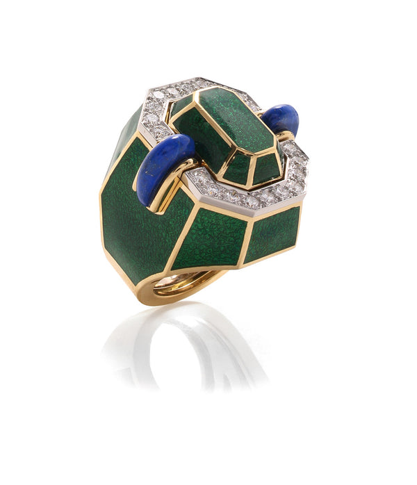 Facet Ring, Lapis Lazuli, Green Enamel