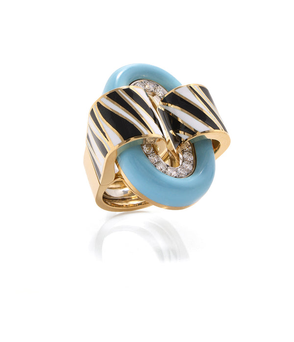 Zebra Stripe Oval Buckle Ring, Light Blue Enamel