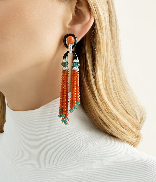 Pagoda Tassel Earrings with Diamonds, Emerald and Coral Beads
