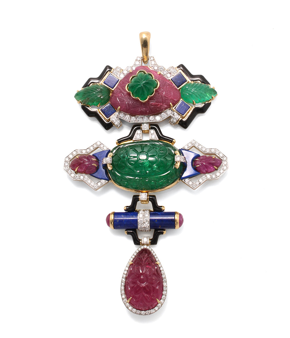 Ruby, Emerald, Lapis Lazuli Totem Pendant | David Webb New York