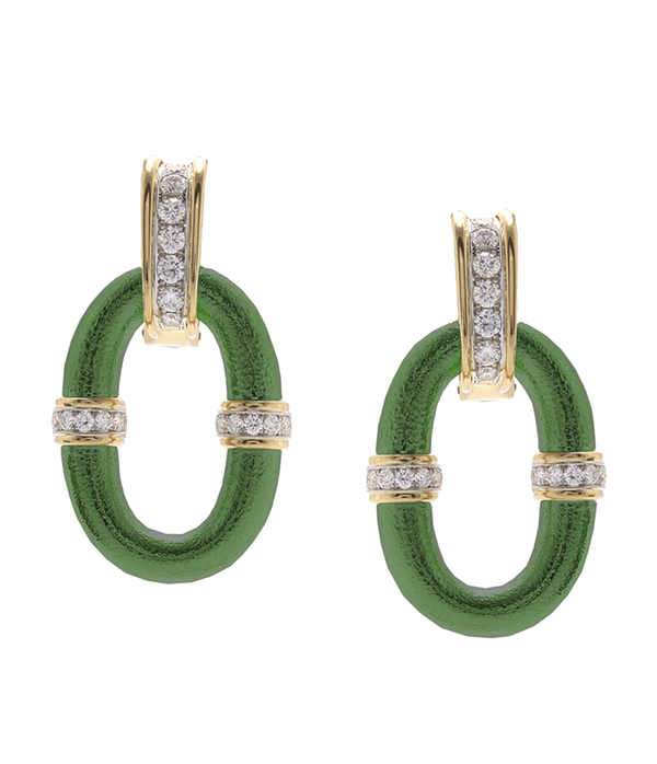 Enamel Oval Link Earrings, Green