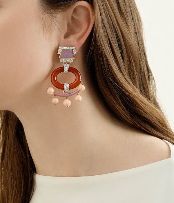 Pagoda Earrings, Carnelian with Coral Beads