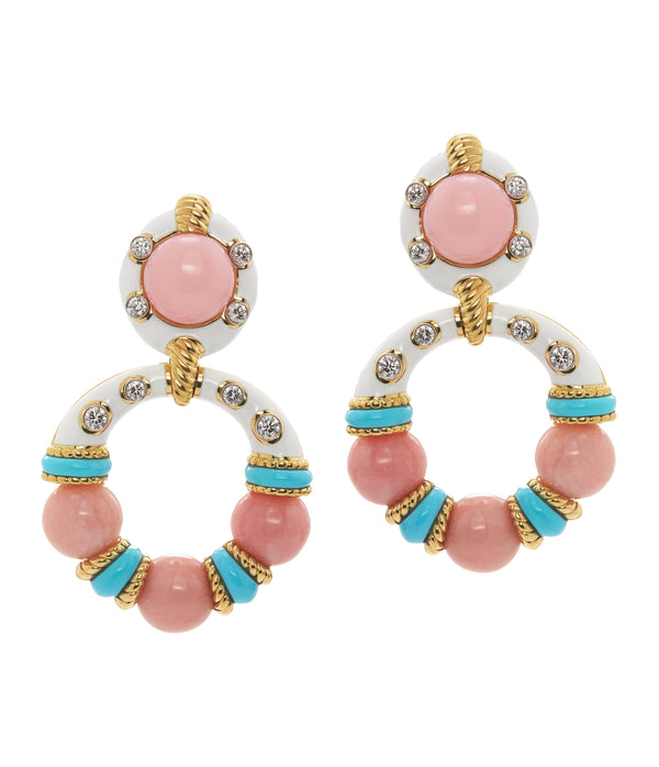 Stud Hoop Earrings, Pink Opal Beads with White Enamel