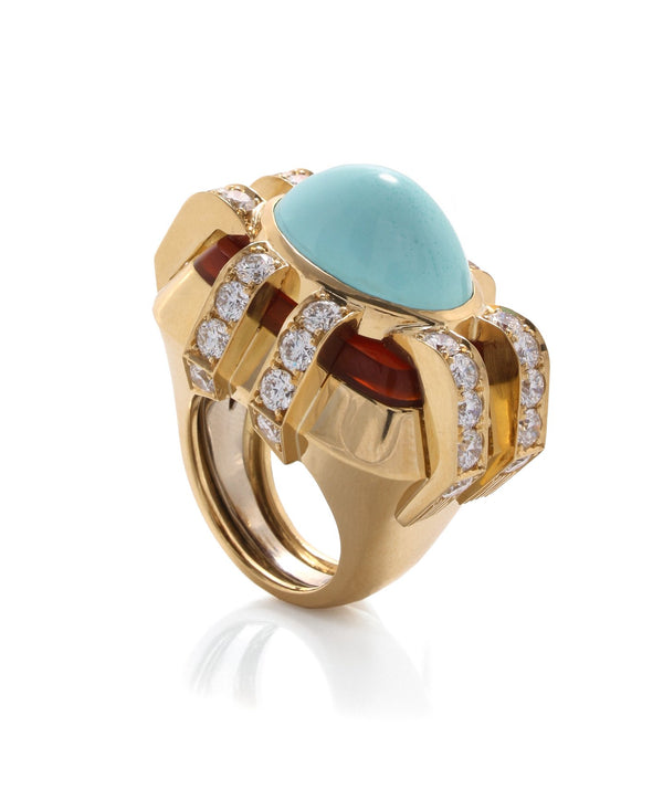 Streamline Ring, Turquoise, Carnelian, Diamonds