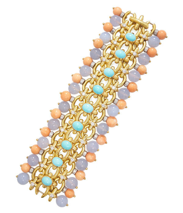 Brocade Bracelet, Turquoise, Coral, Chalcedony