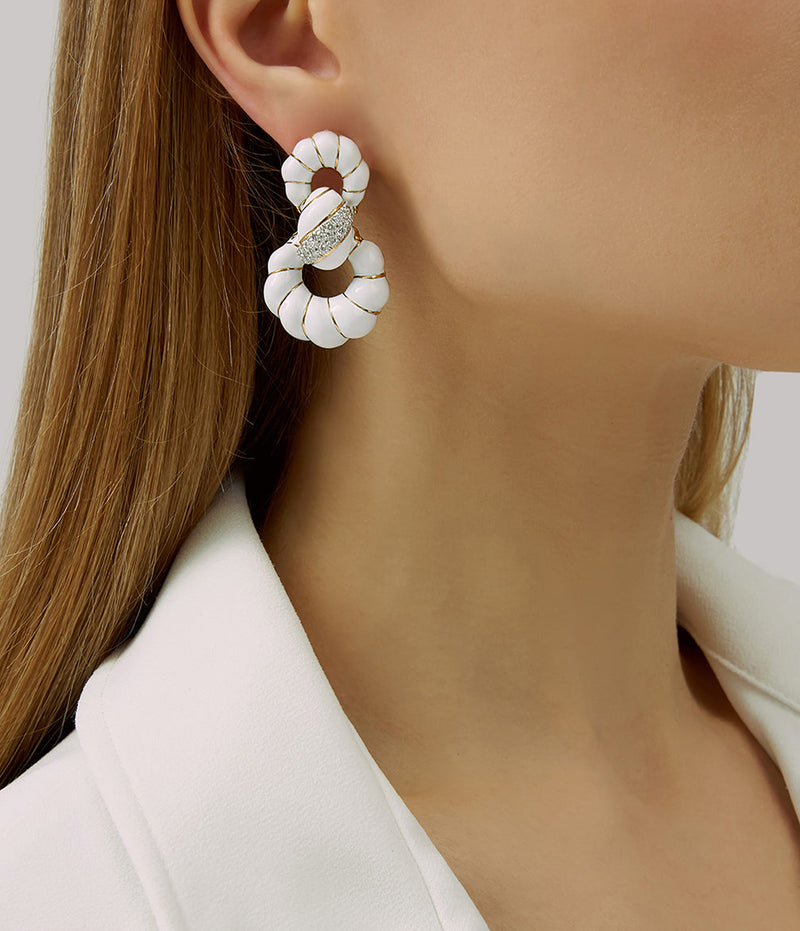 Fancy Hoop Earrings, White Enamel