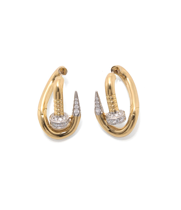 Diamond Bent Nail Earrings, Polished 18K Gold