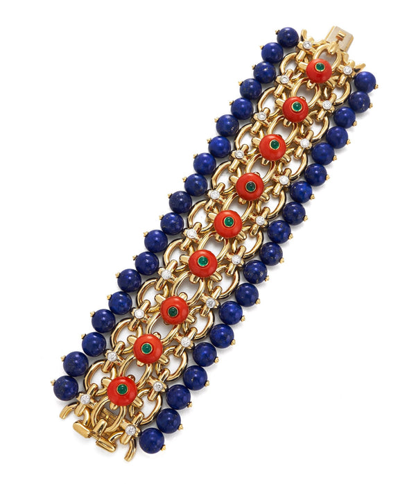 Brocade Bracelet, Diamonds, Coral, Emerald, Lapis Lazuli
