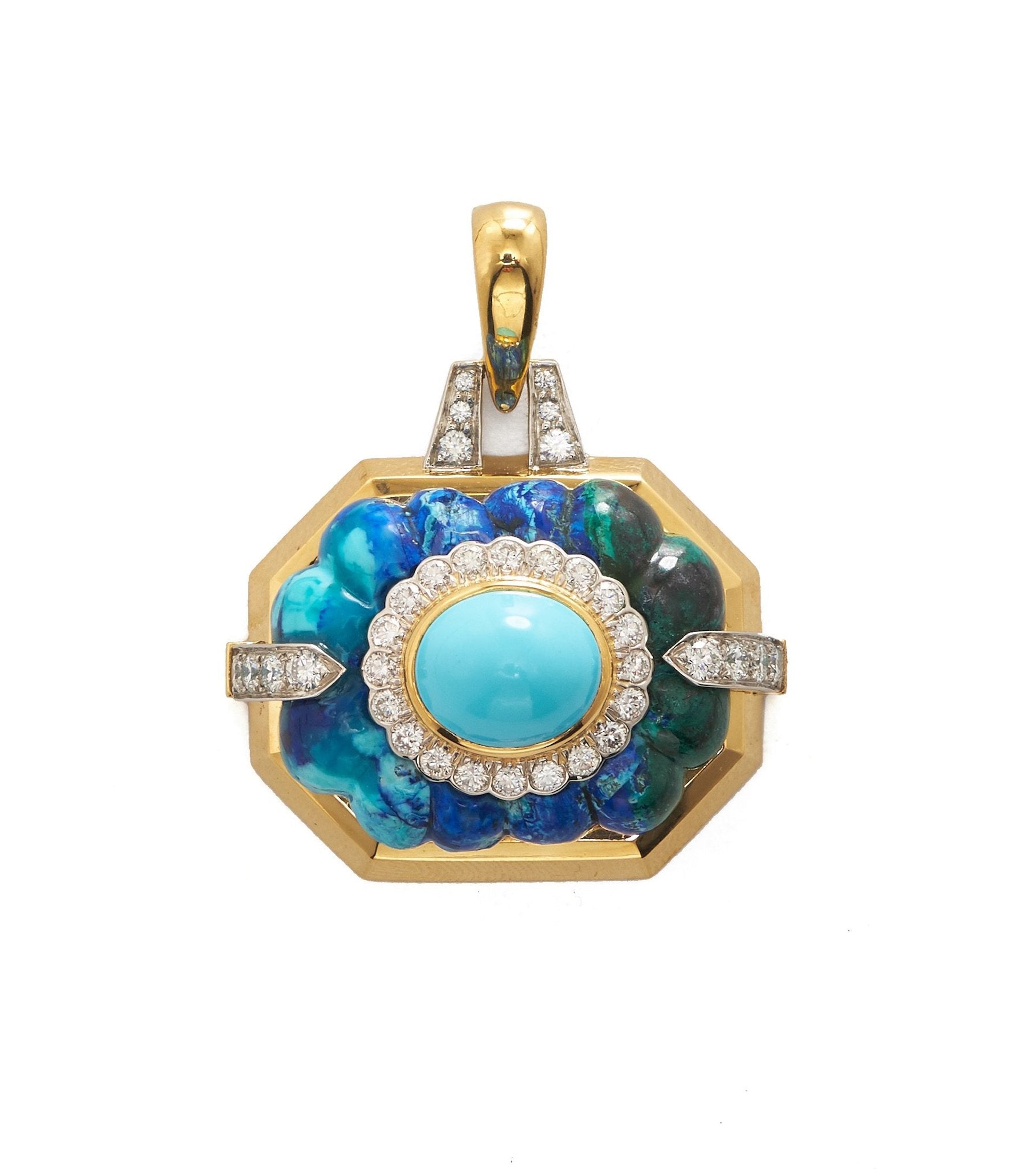 Turquoise, Azurmalachite Totem Pendant | David Webb New York