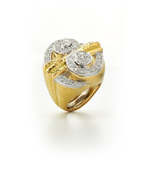 Double Scroll Step Ring, Diamonds, Hammered 18K Gold