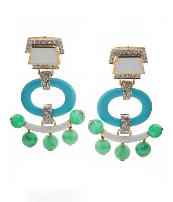 Pagoda Earrings, Turquoise with Jade Beads