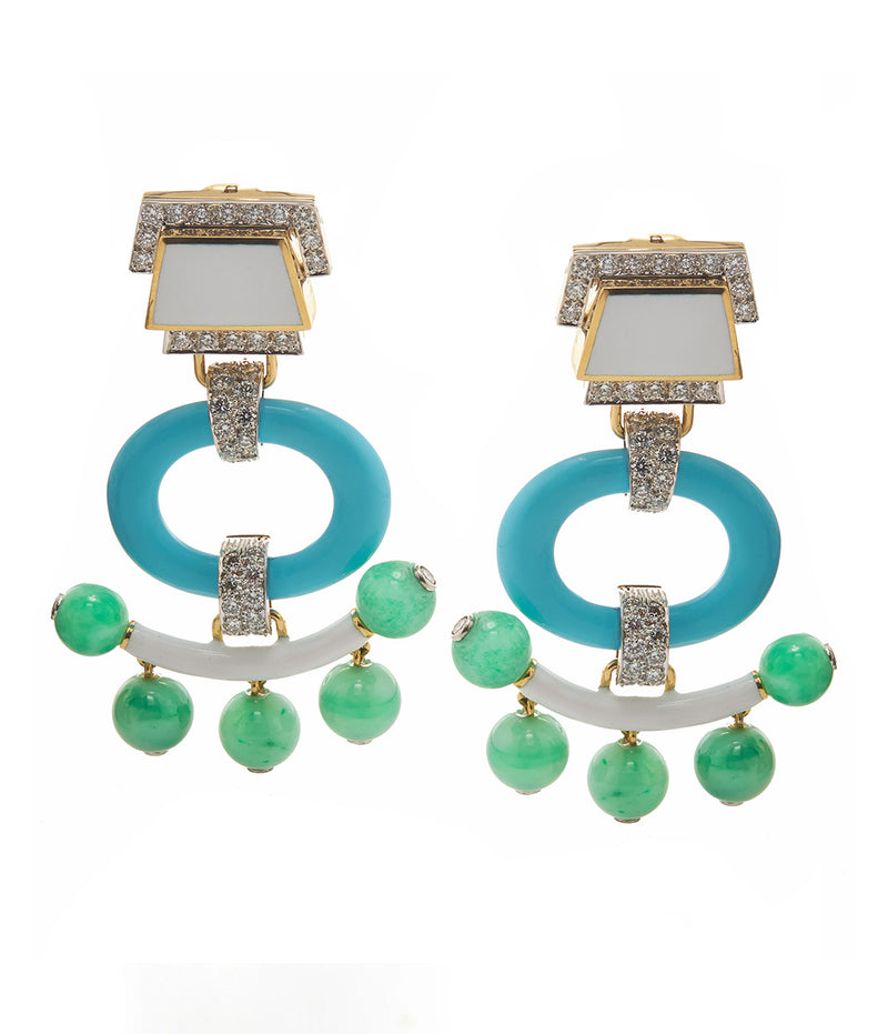 Pagoda Earrings, Turquoise with Jade Beads