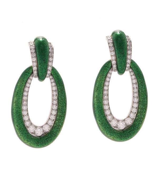 Long Hoop Earrings, Green Enamel