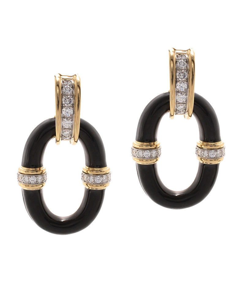 Oval Link Earrings, Black Enamel