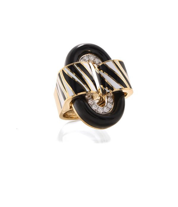 Zebra Stripe Oval Buckle Ring, Black Enamel