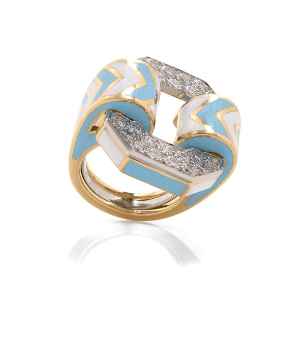 Small Chevron Ring, Light Blue and White Enamel