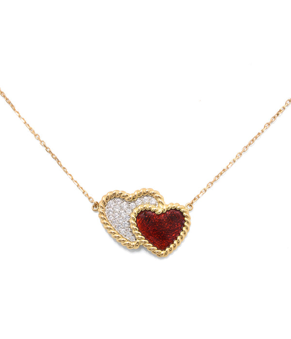 Double Heart Pendant Necklace, Red Enamel