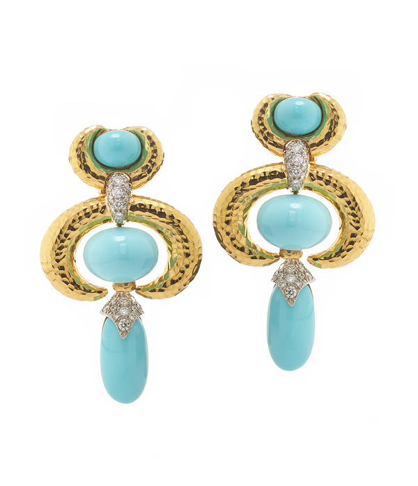 Double Crescent Pear Drop Earrings, Turquoise