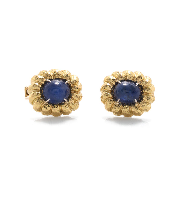 Fluted Gold Framed Cuff Links, Sapphire