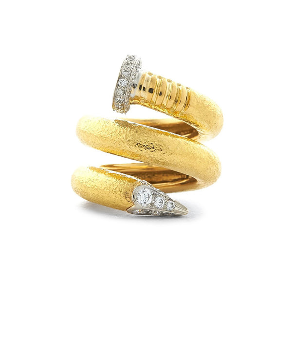 Large Diamond Nail Ring, Hammered 18K Gold