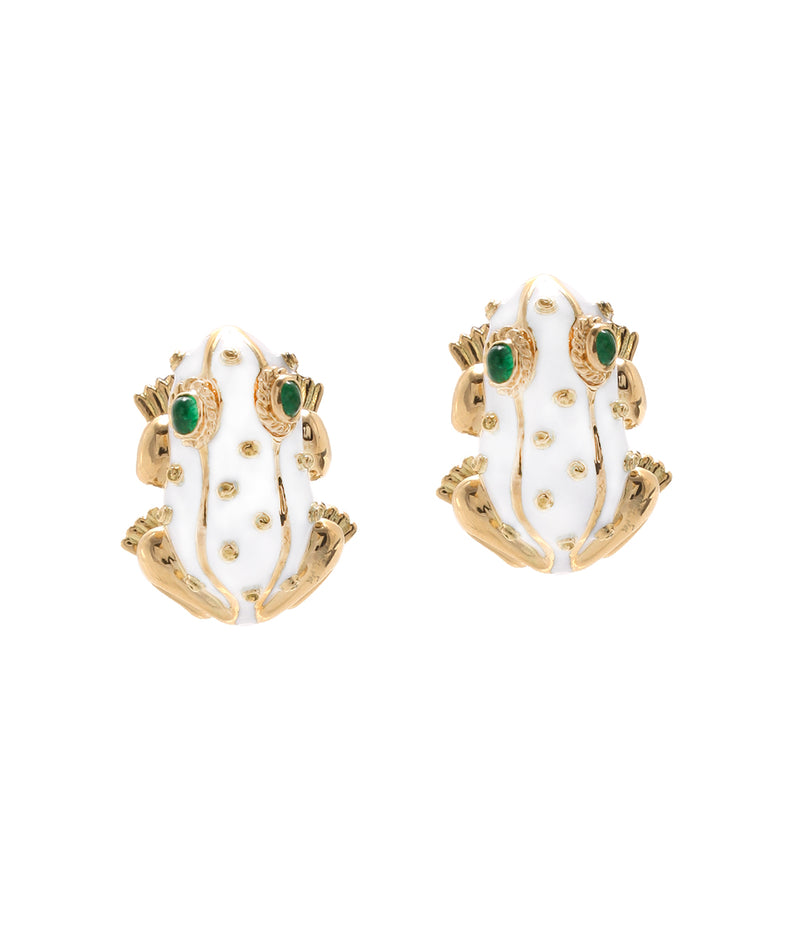 Frog Earrings, White Enamel