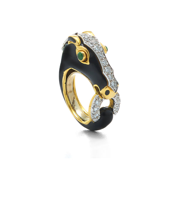 Horse Ring, Black Enamel, Emerald