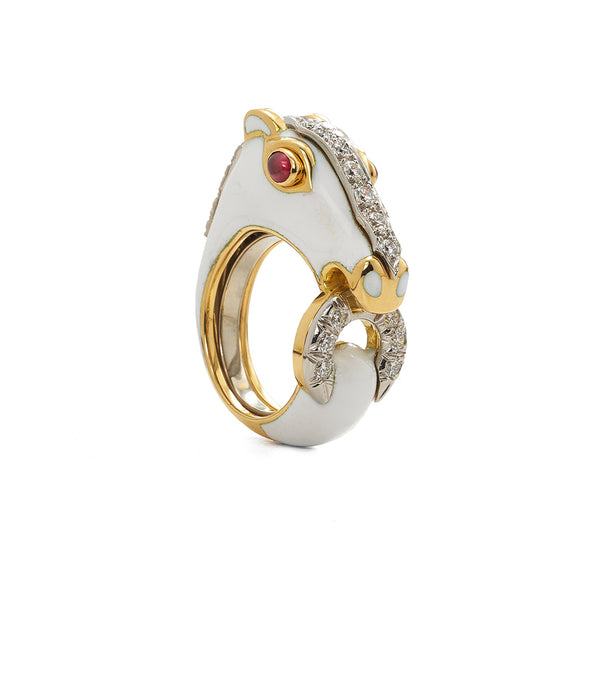 Horse Ring, White Enamel, Ruby