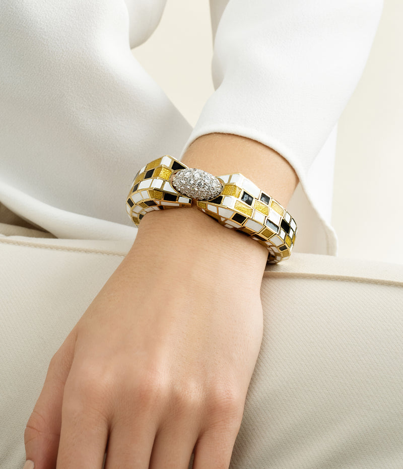 Checkerboard Bracelet, Yellow and White Enamel