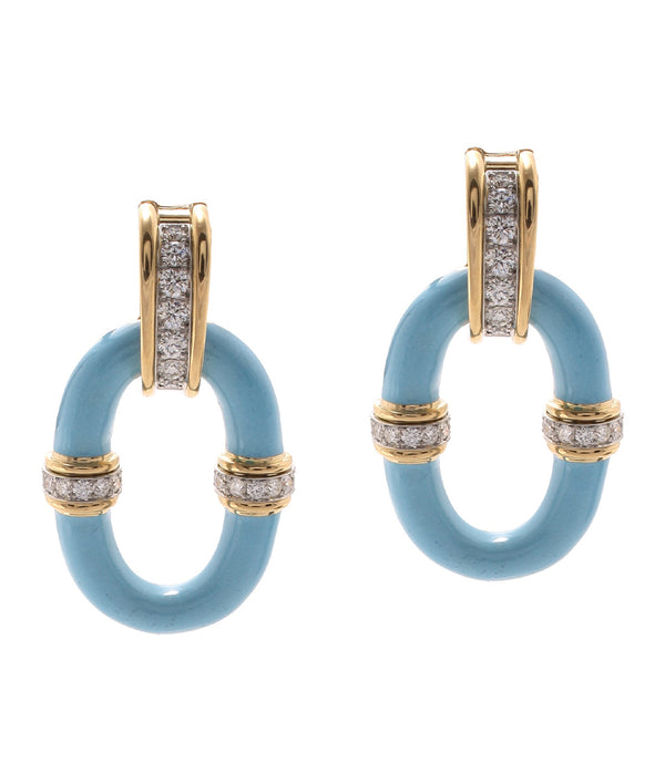 Oval Link Earrings, Light Blue Enamel