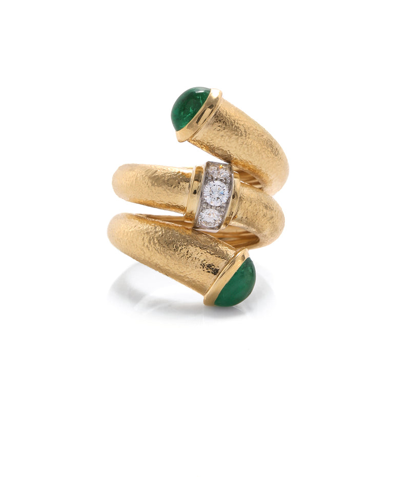 Emerald Pipe Ring, Hammered 18K Gold