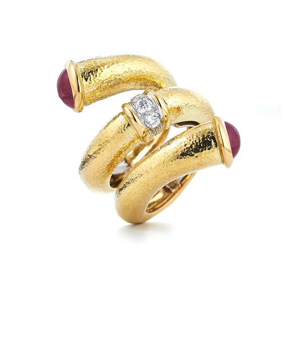 Ruby Pipe Ring, Hammered 18K Gold