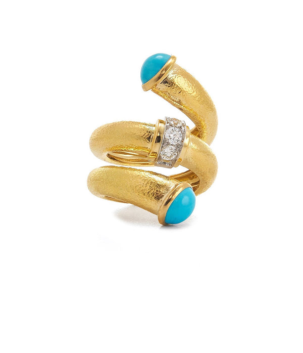 Turquoise Pipe Ring, Hammered 18K Gold