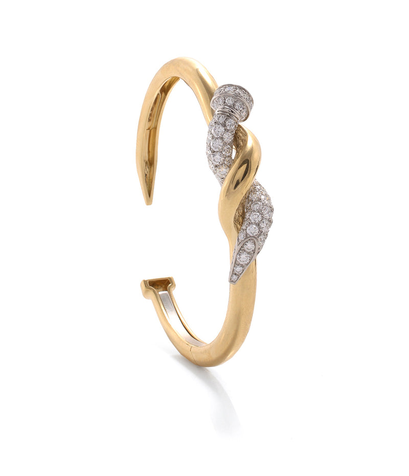 Two Tone, Diamond Twisted Nail Cuff, Polished 18K Gold