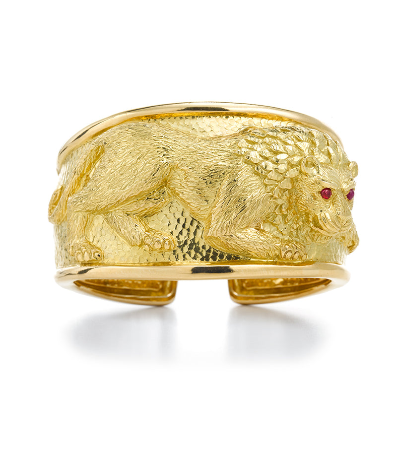 Repoussé Lion Cuff, Ruby