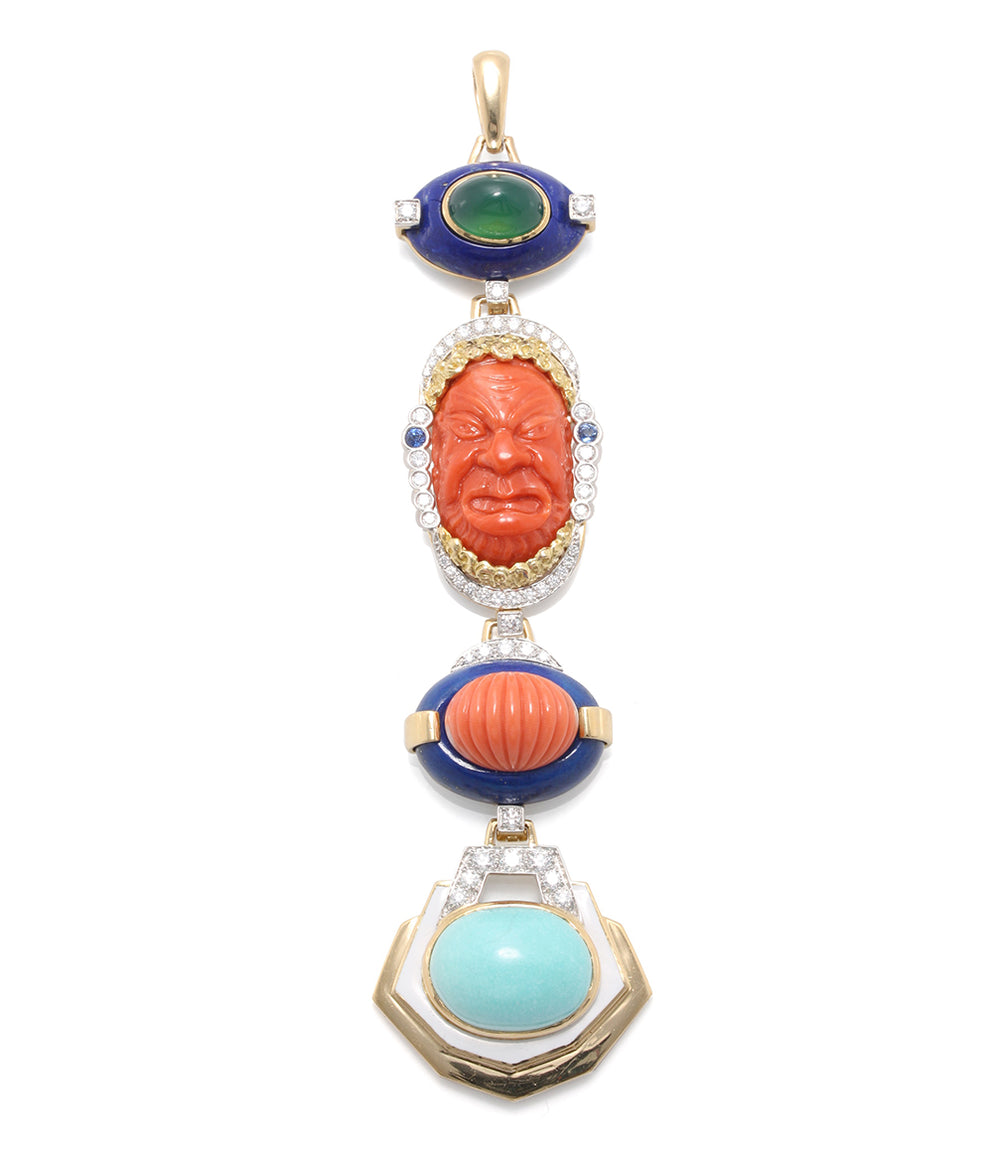 Chrysoprase, Coral, Lapis Lazuli Totem Pendant | David Webb New York
