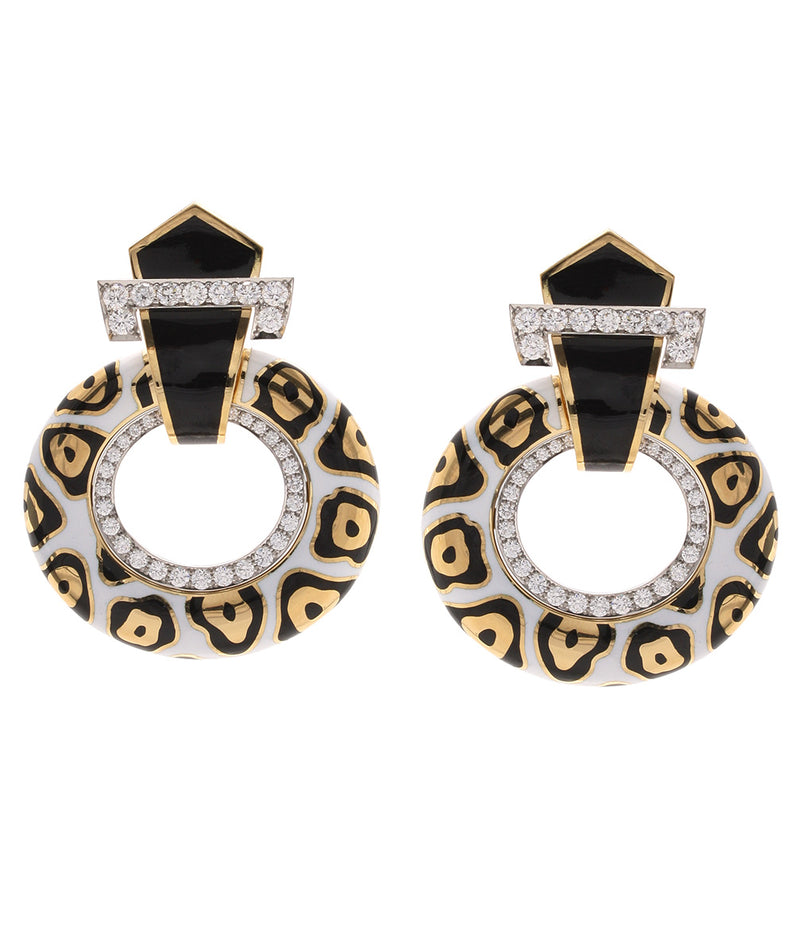 Leopard Spot Strap Doorknocker Earrings, White Enamel