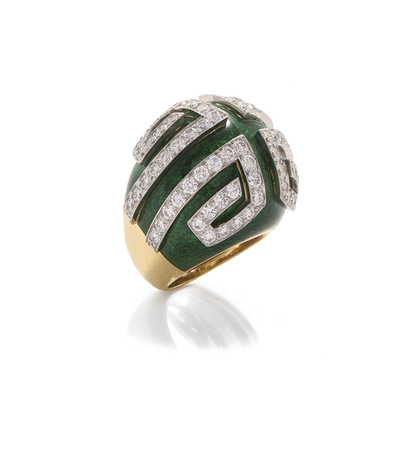 Scroll Ring, Green Enamel