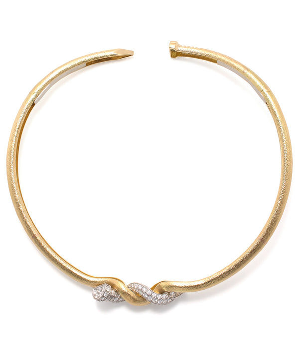 Two Tone, Diamond Twisted Nail Collar, Hammered 18K Gold