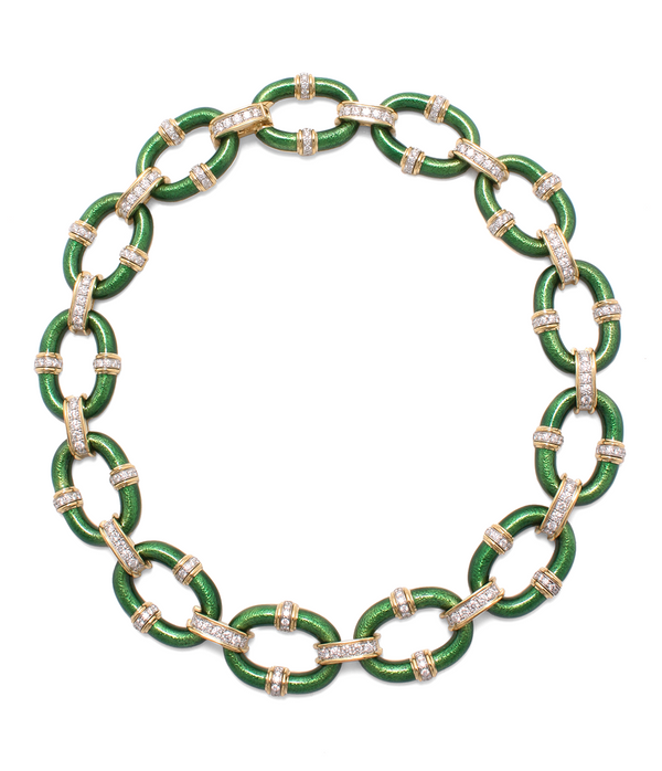 Oval Link Necklace, Green Enamel