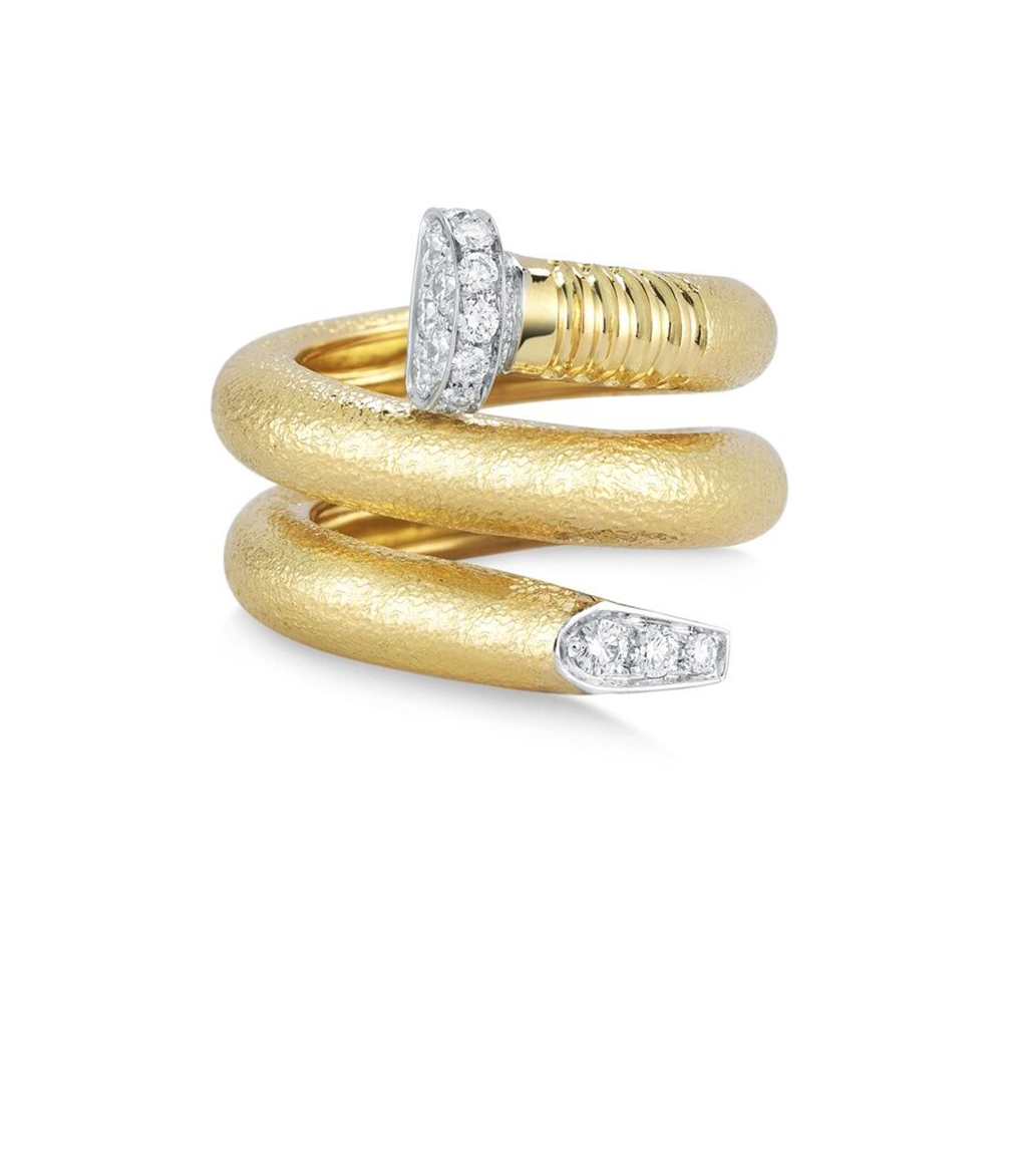 Diamond Nail Ring, Hammered 18K Gold