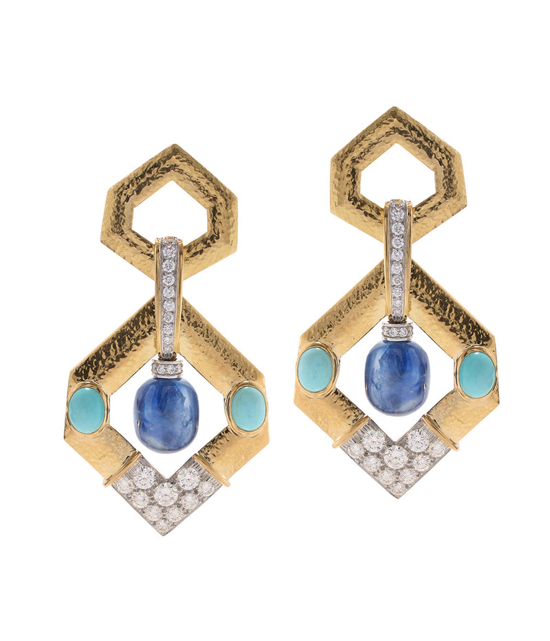 V Inset Hexagonal Doorknocker Earrings, Sapphire, Turquoise