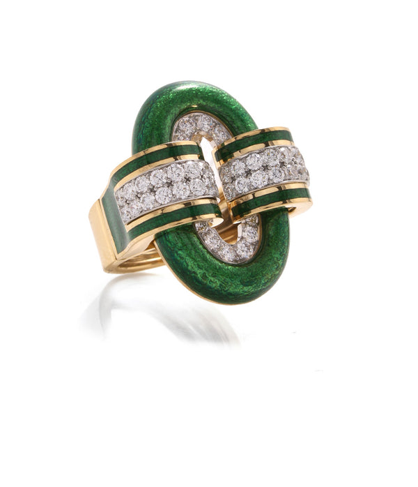 Small Oval Buckle Ring, Green Enamel