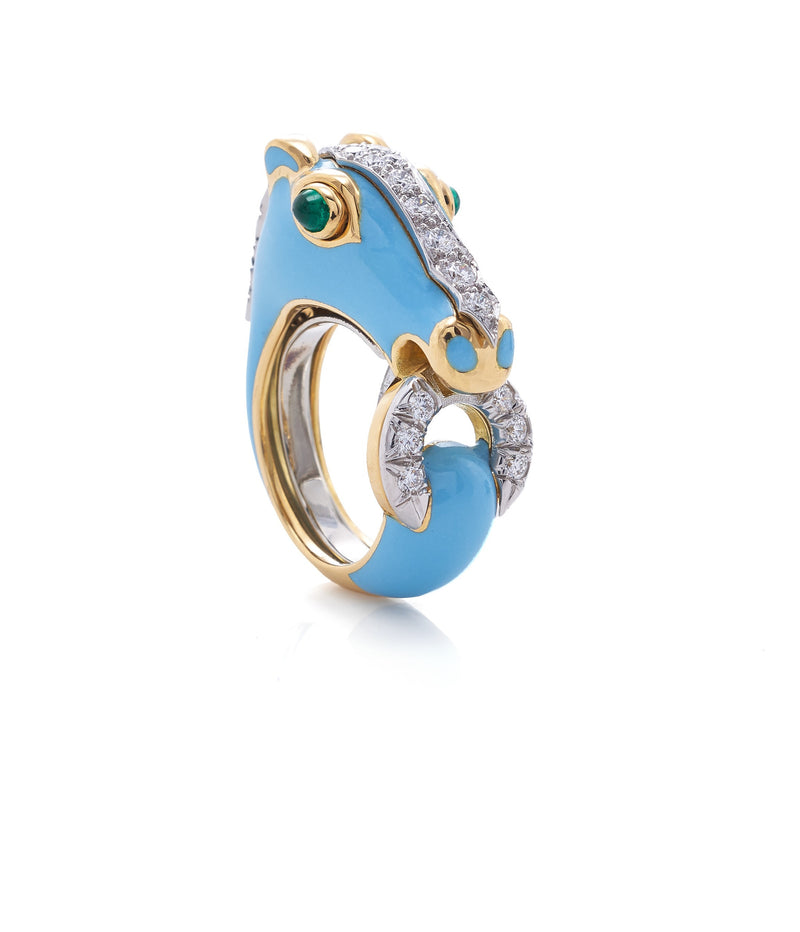 Horse Ring, Light Blue Enamel, Emerald