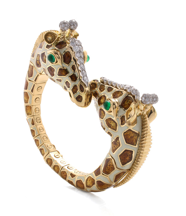 Twin Giraffe Bracelet, Brown Enamel, Emerald