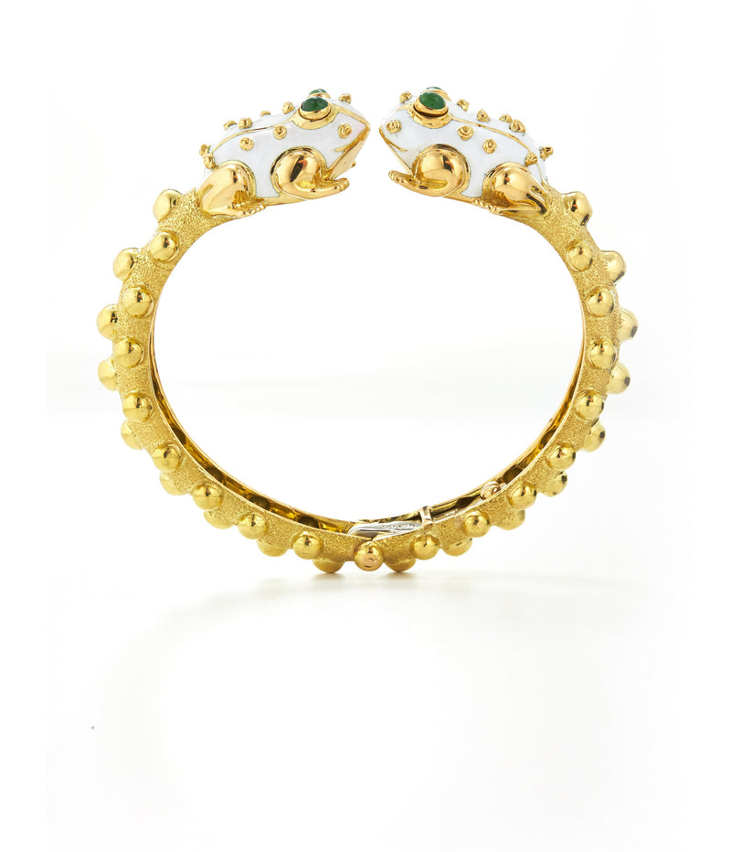 Baby Frog Bangle, White Enamel, Emerald