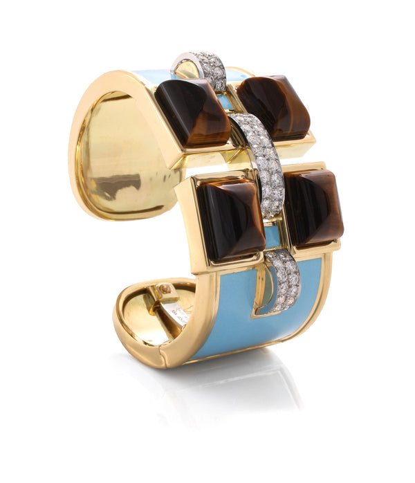 Four Stone Bastille Cuff, Tiger's Eye, Light Blue Enamel