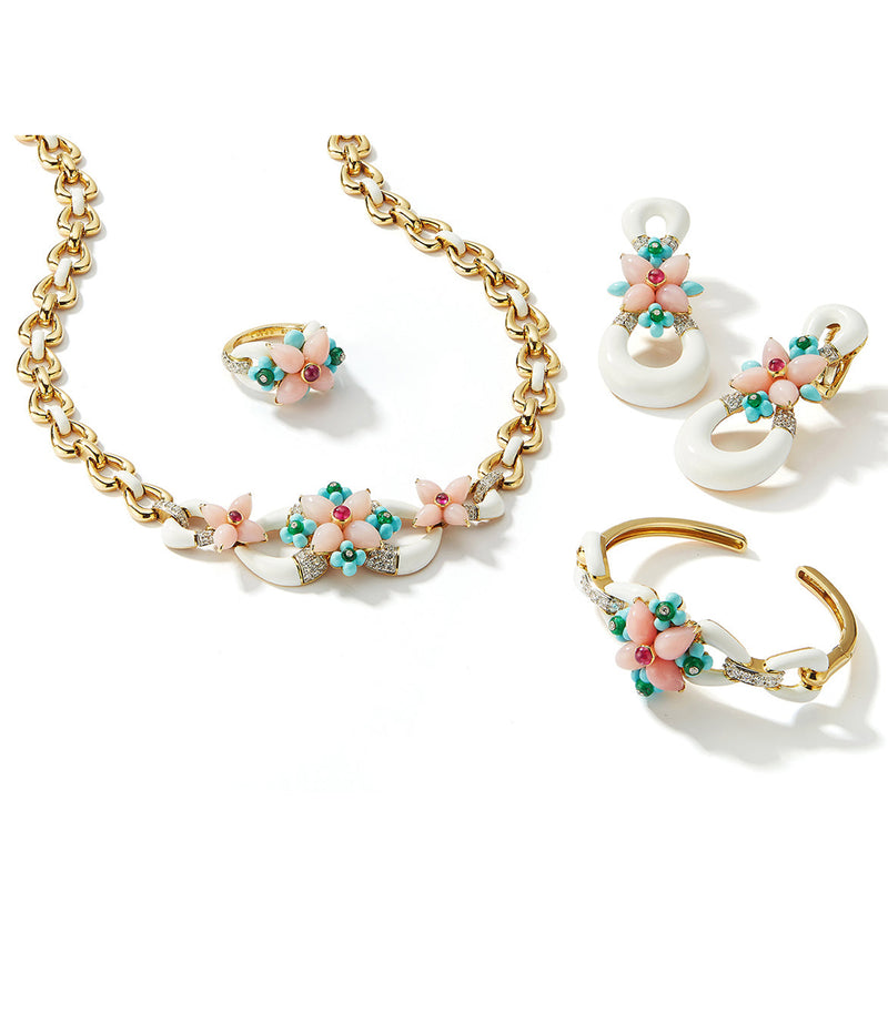 Asheville Earrings, White Enamel, Pink Opal, Diamonds