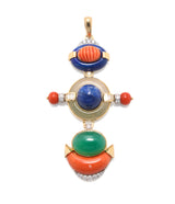 Totem Pendant, Coral, Lapis Lazuli, Chrysoprase